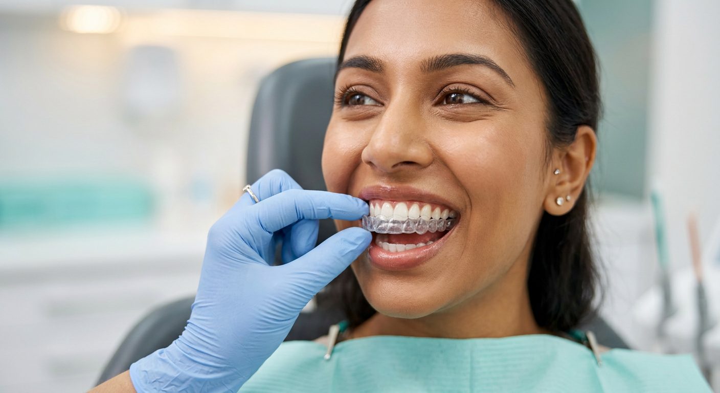 Smiling woman holding a clear aligner