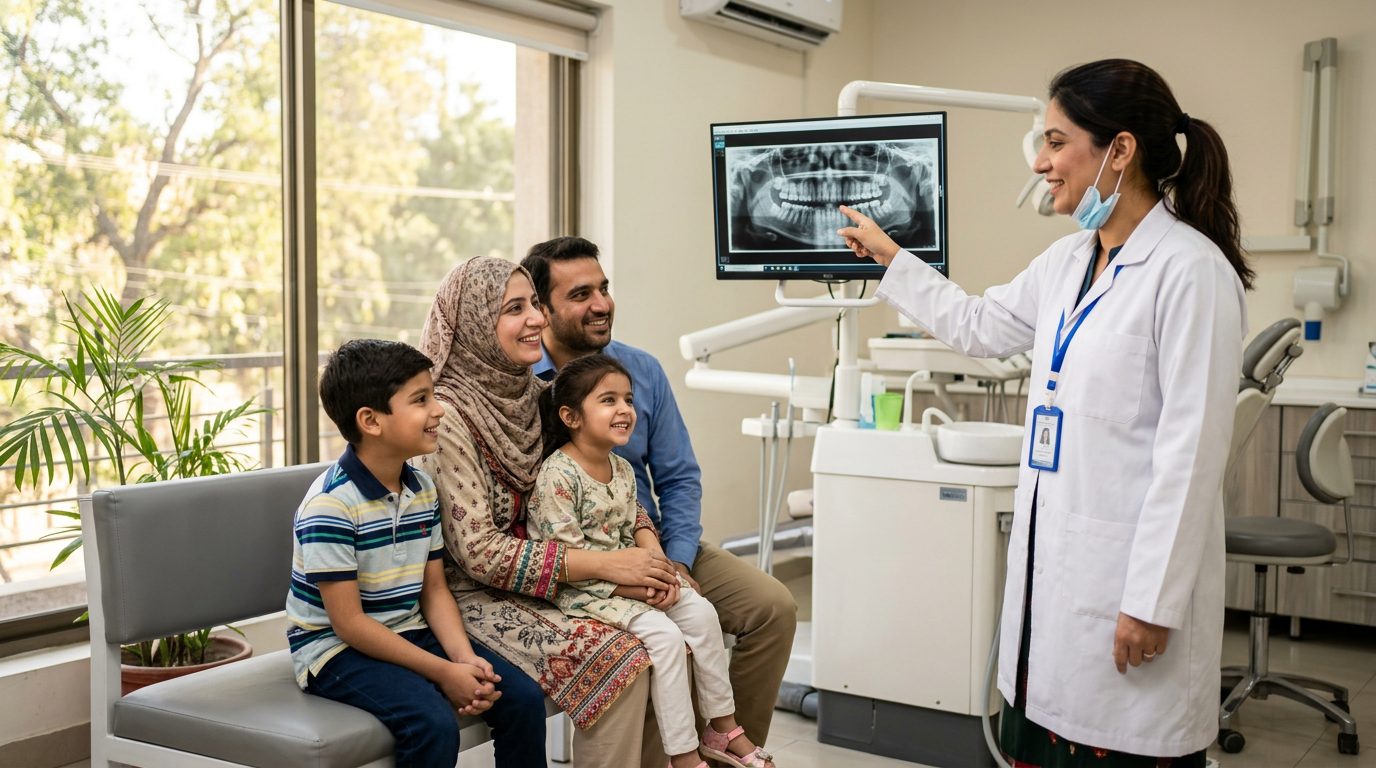 Dentist showing a family an x-ray